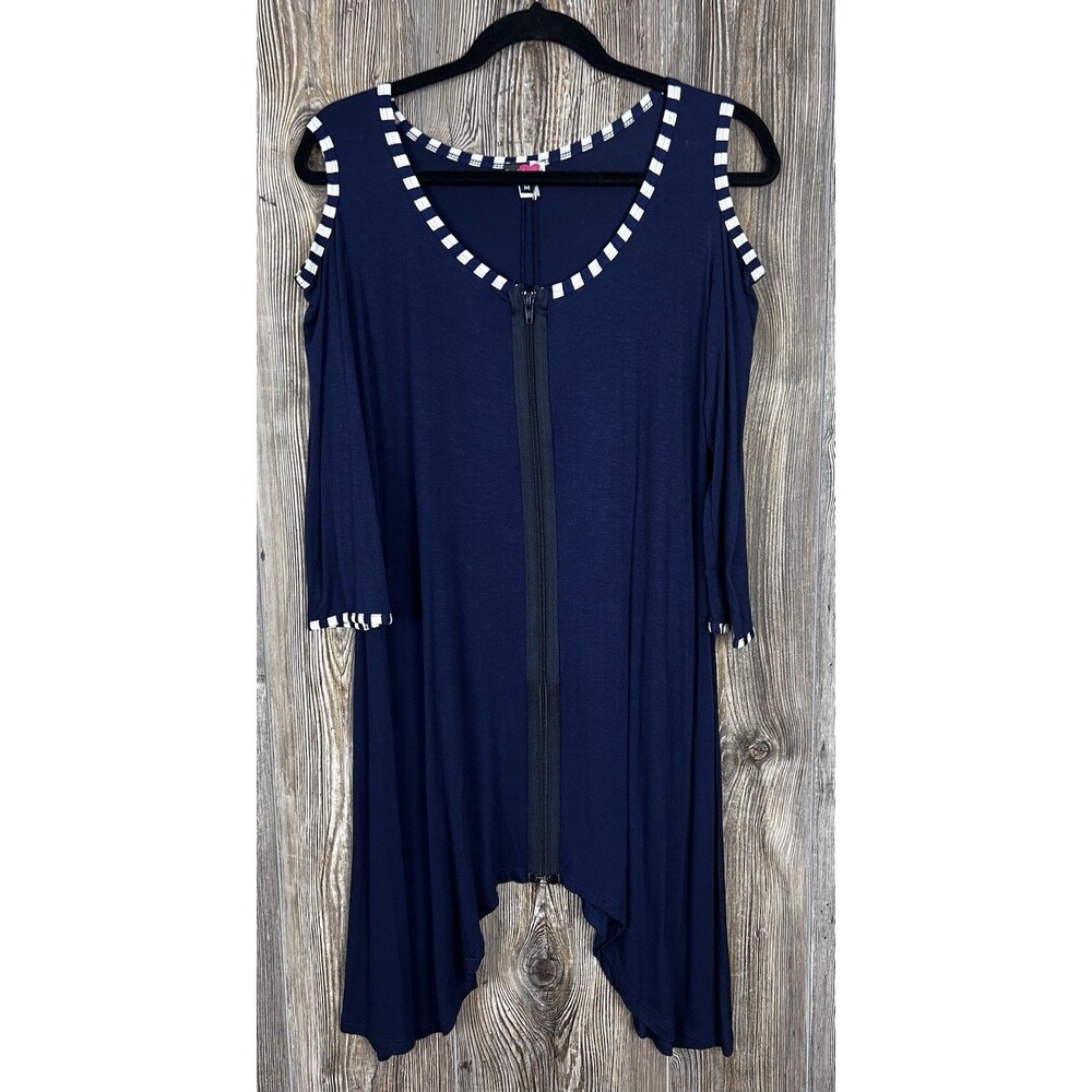 NWT Inside Out Tunic Blouse Blue Cold Shoulder Asymmetrical Hem Full Zip‎ MEDIUM